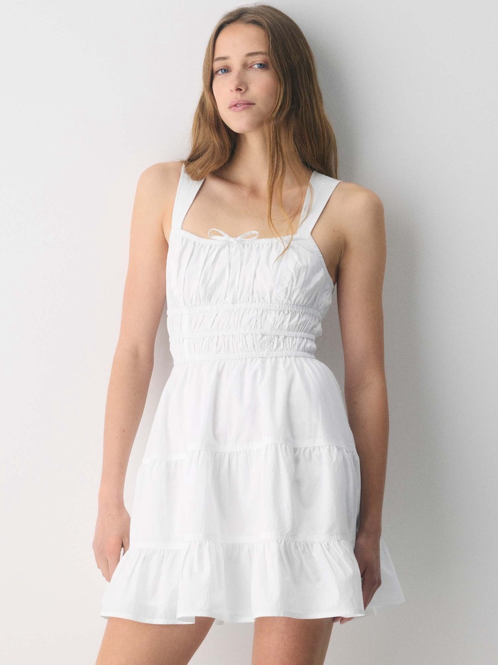 Aritzia Sunday Best Martine Poplin Mini Dress in White Tiered Smocked size large